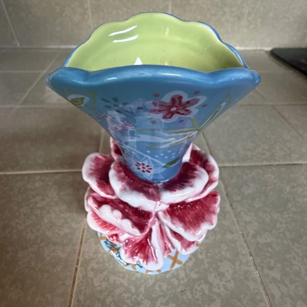 Tracy Porter Hand Painted Ceramic Flower Bud Vase Blue Pink Floral Cottagecore